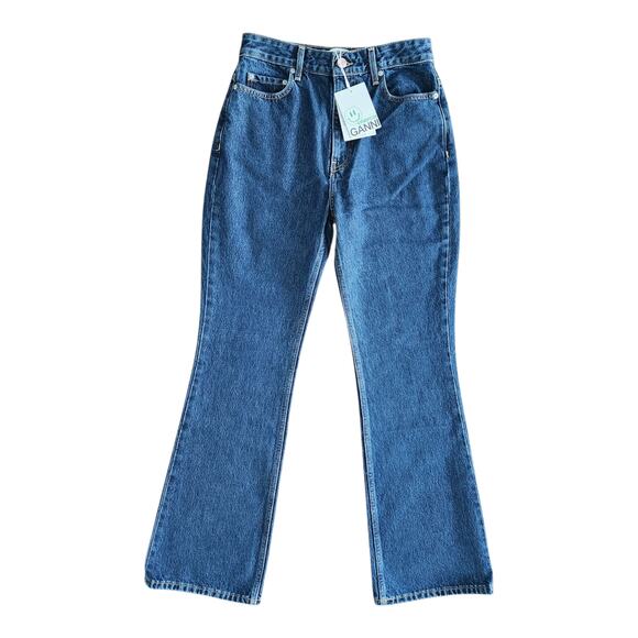 Ganni Betzy Dark Blue Stone High Rise Slim Flare Full Length Jean 26/32 NWT $195